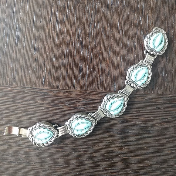 VTG silver tone, blue celluloid link bracelet - Picture 5 of 5
